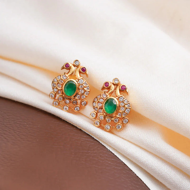 Pure 92.5 Silver, Gold Plated Green Pavonine Studs