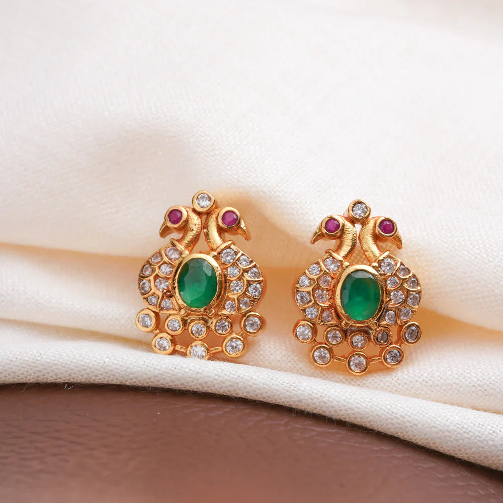 Pure 92.5 Silver, Gold Plated Green Pavonine Studs