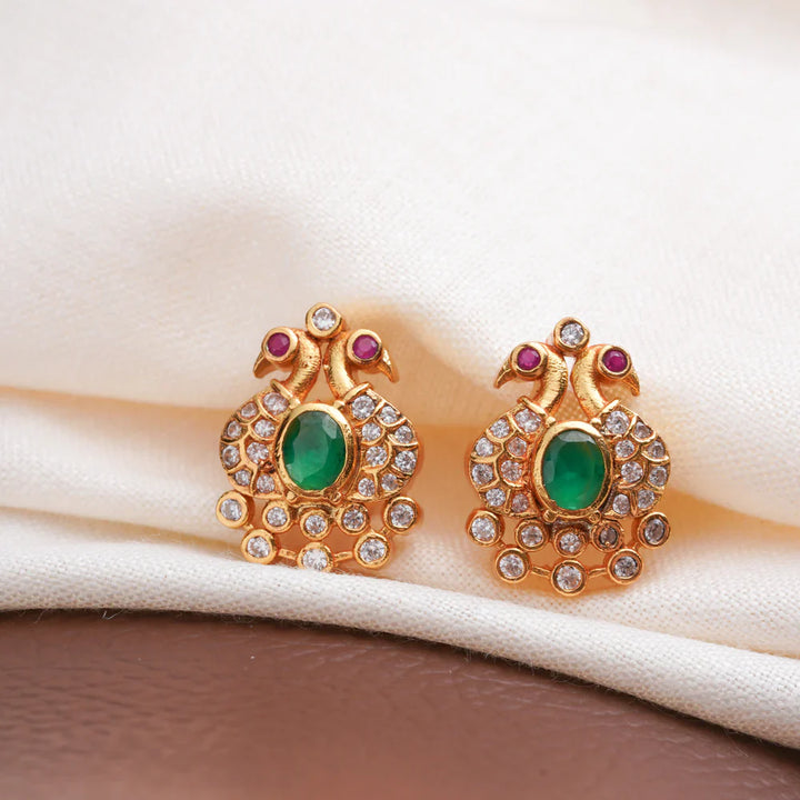 Pure 92.5 Silver, Gold Plated Green Pavonine Studs