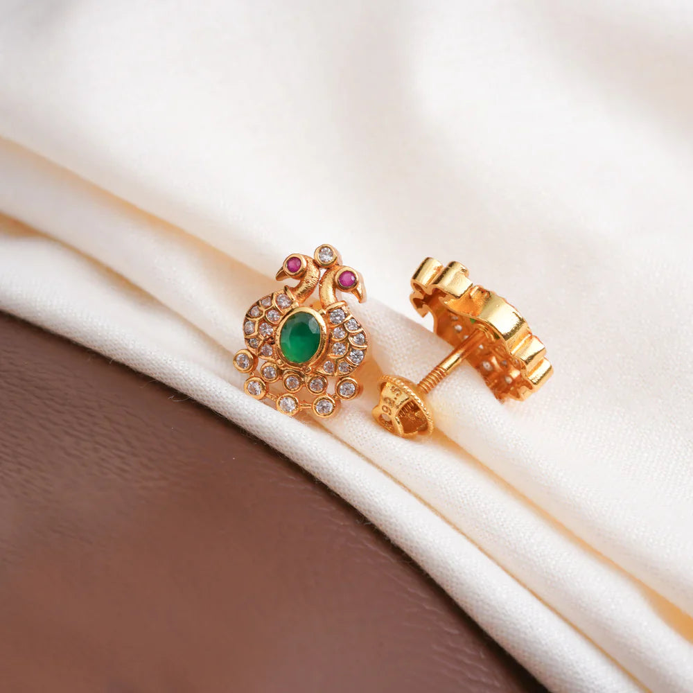 Pure 92.5 Silver, Gold Plated Green Pavonine Studs