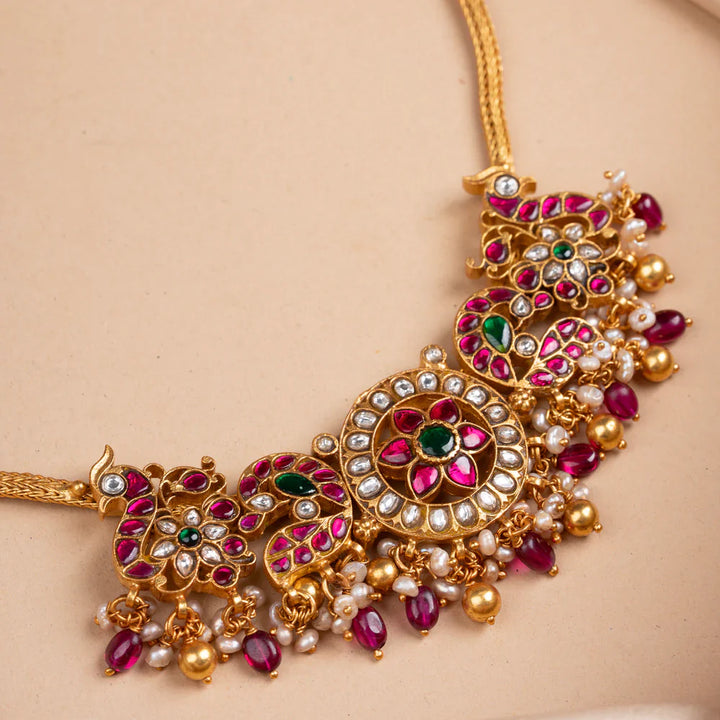 Pure 92.5 Silver, Gold Plated MayurKalika Short Necklace