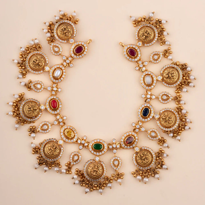 Pure 92.5 Silver, Gold Plated Ratna Vaibhavam Necklace