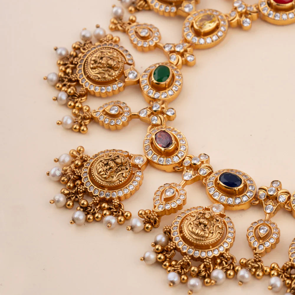Pure 92.5 Silver, Gold Plated Ratna Vaibhavam Necklace
