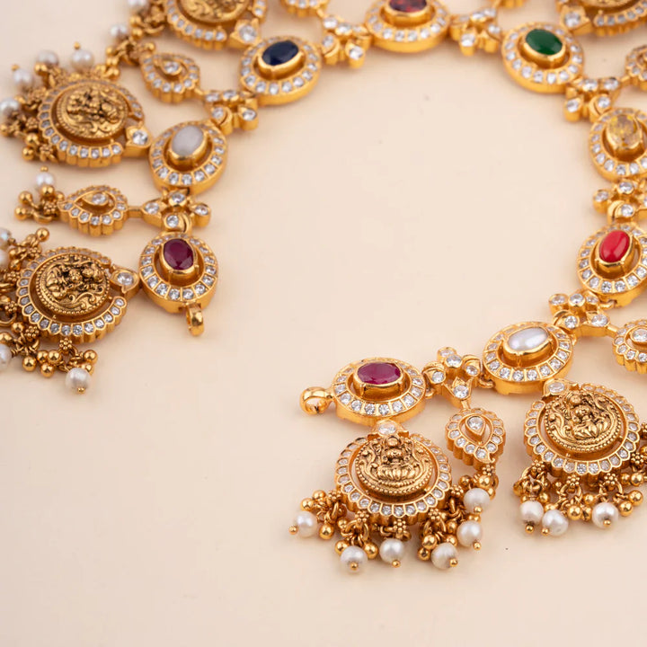 Pure 92.5 Silver, Gold Plated Ratna Vaibhavam Necklace