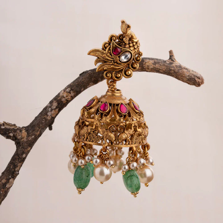92.5 Silver, 22kt Gold Plated Kundan Stones Jhumkas with Dangling Beads