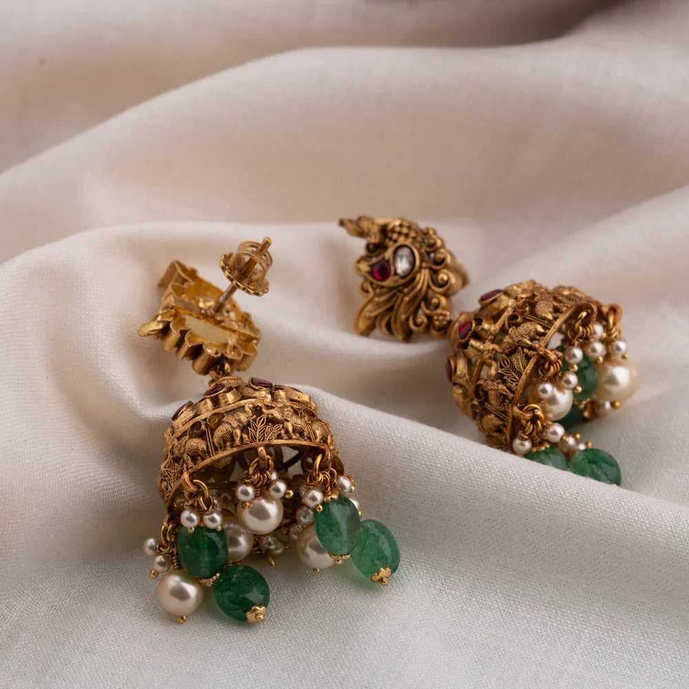 92.5 Silver, 22kt Gold Plated Kundan Stones Jhumkas with Dangling Beads