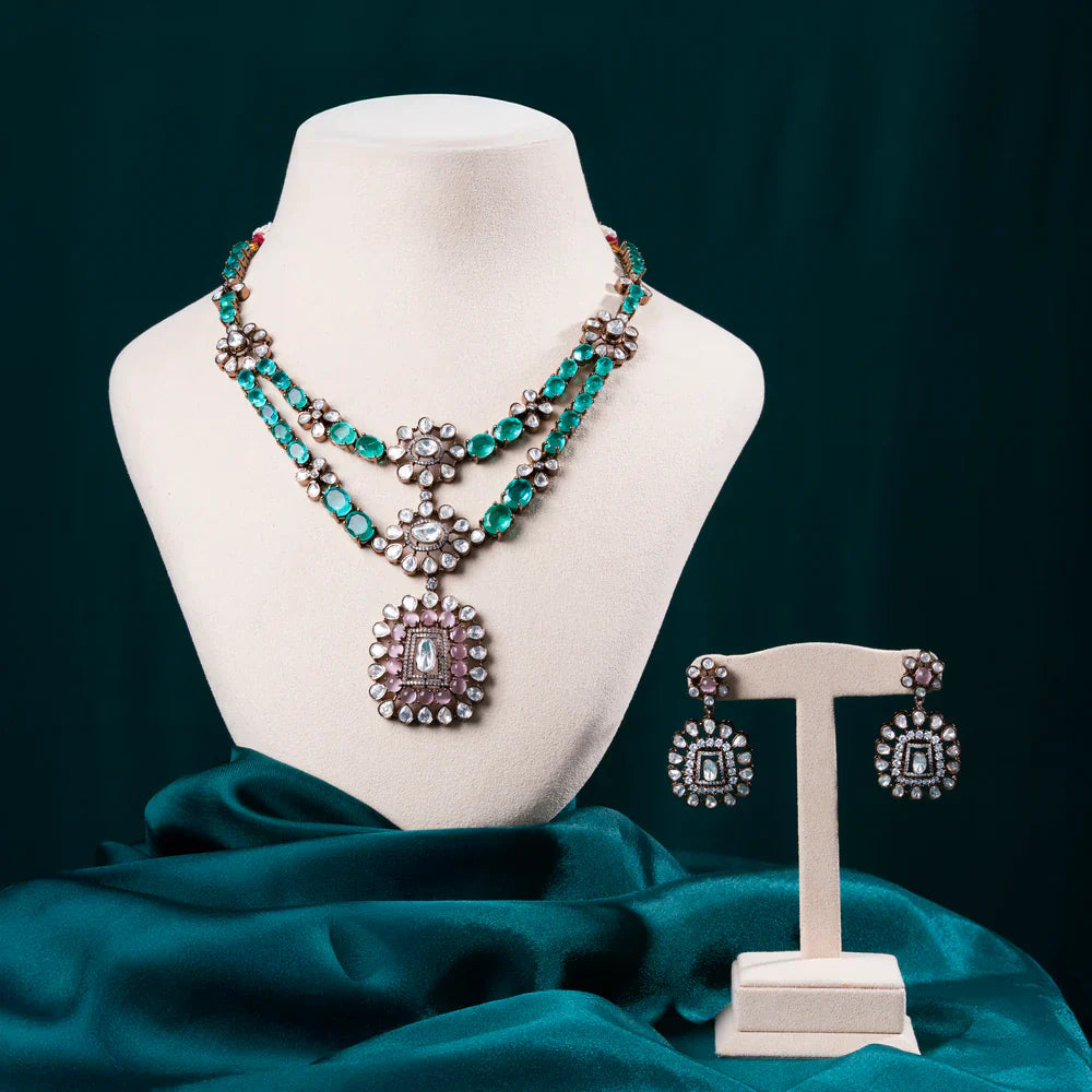 92.5 Silver, Gold Plated Duova Emerald Necklace Set