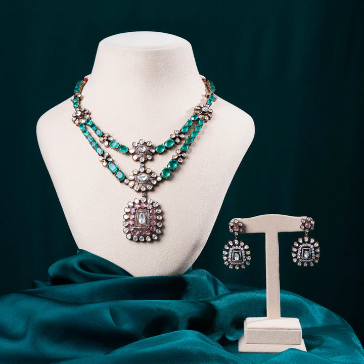 92.5 Silver, Gold Plated Duova Emerald Necklace Set