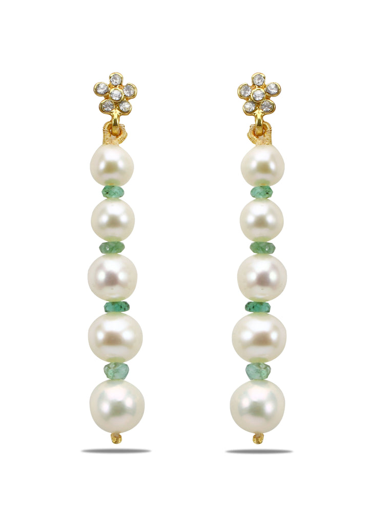 Icicle Pure Pearl and Dainty Emerald bead drop earrings