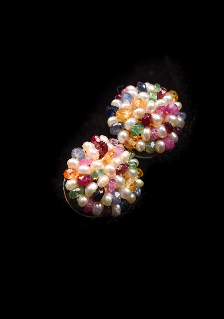 Real Seed Pearls and Gemstones Multicolor Hue Pearl Studs