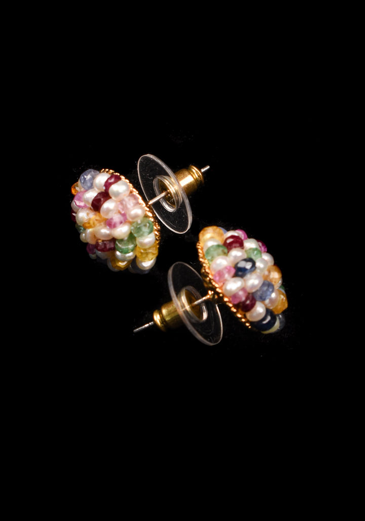 Real Seed Pearls and Gemstones Multicolor Hue Pearl Studs