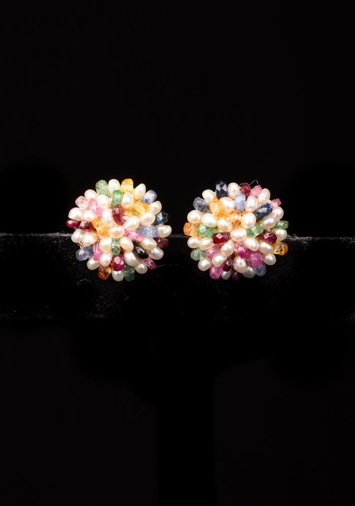 Real Seed Pearls and Gemstones Multicolor Hue Pearl Studs