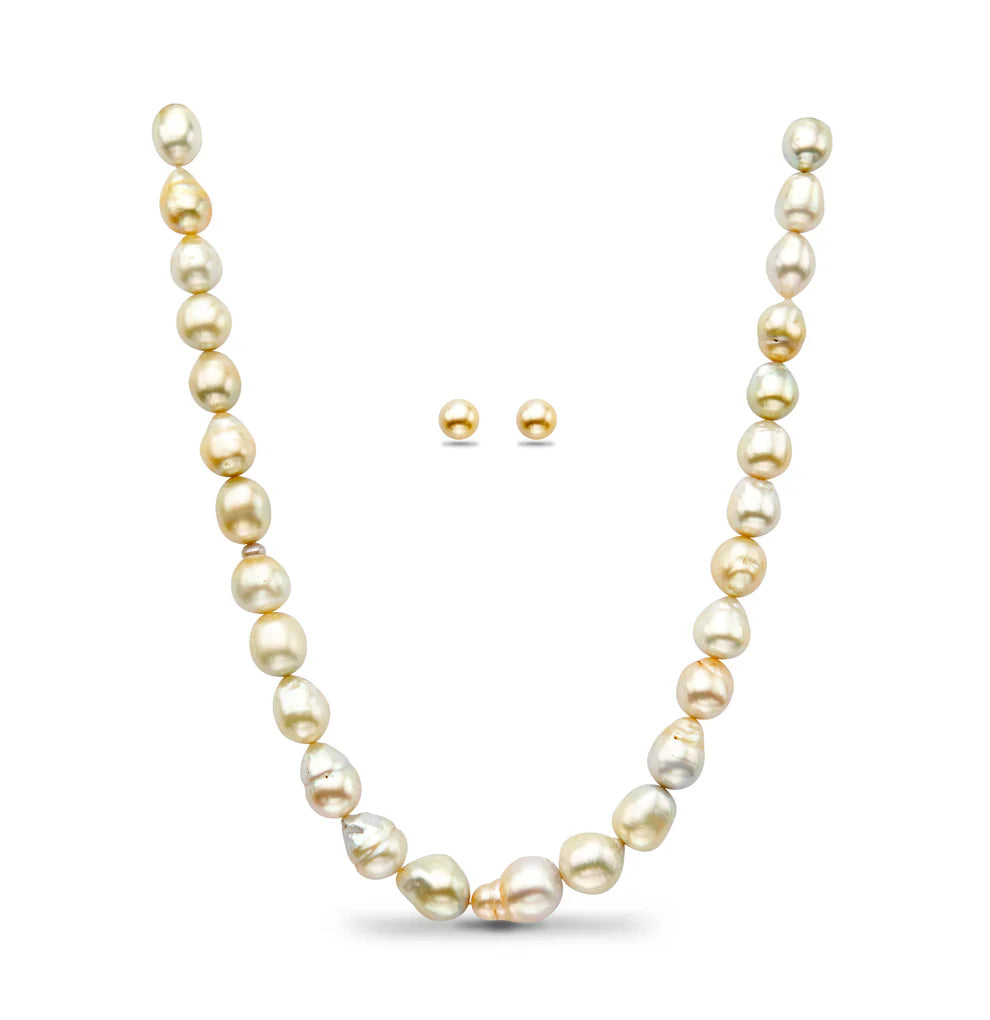 14.0-15.0mm Baroque Cream Saltwater South Sea Pearls Necklace Set-A Quality