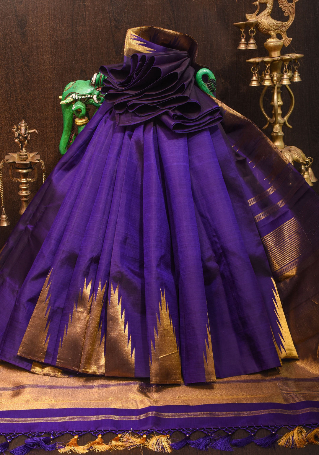 Dark Purple  tone  Kanjivaram Silk Saree with Antique gold Zari Temple border | SILK MARK CERTIFIED