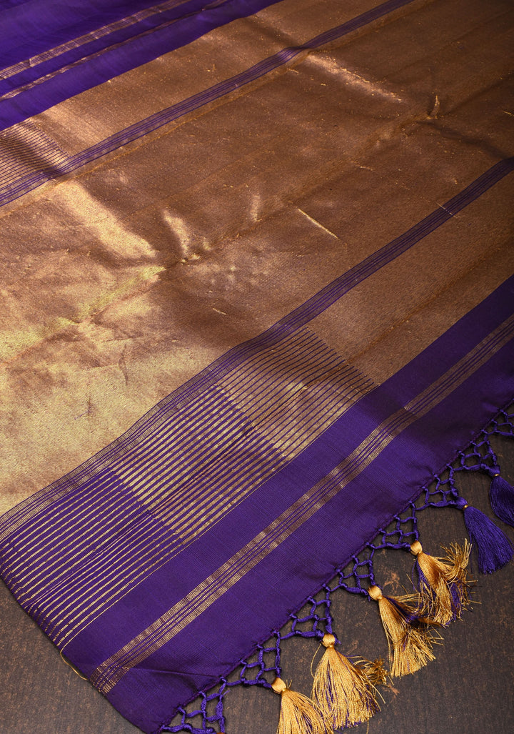 Dark Purple  tone  Kanjivaram Silk Saree with Antique gold Zari Temple border | SILK MARK CERTIFIED