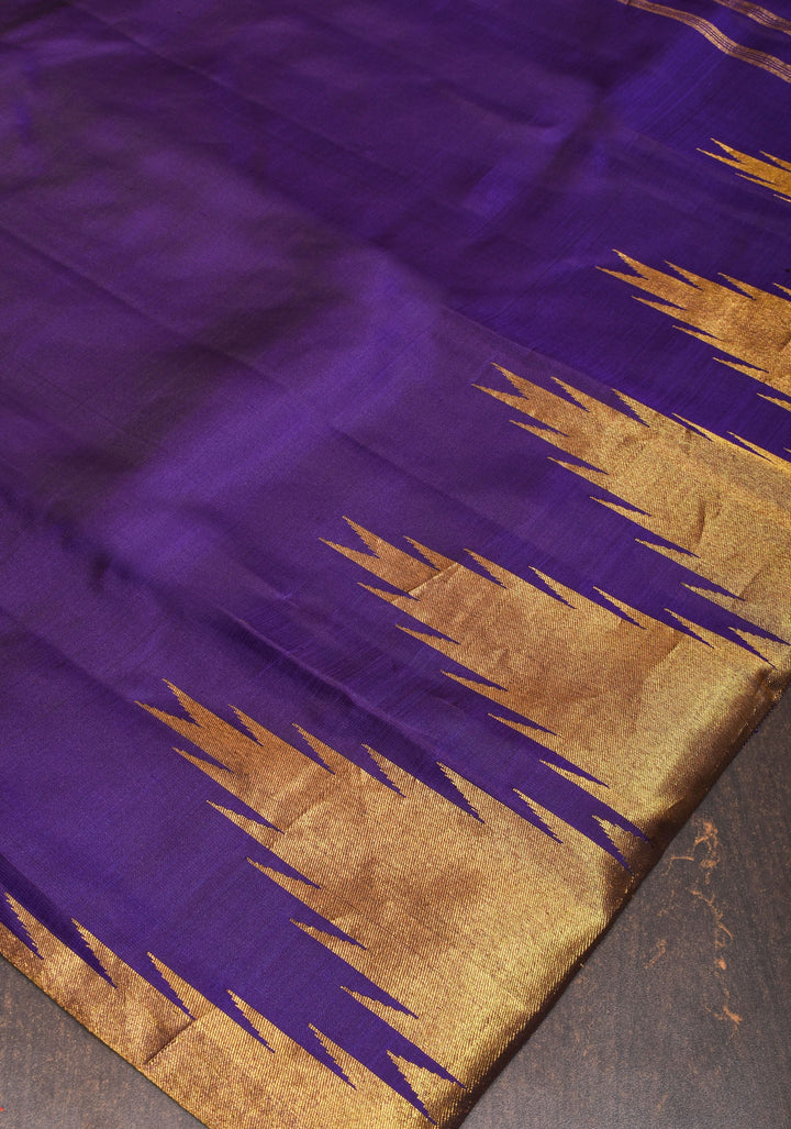 Dark Purple  tone  Kanjivaram Silk Saree with Antique gold Zari Temple border | SILK MARK CERTIFIED