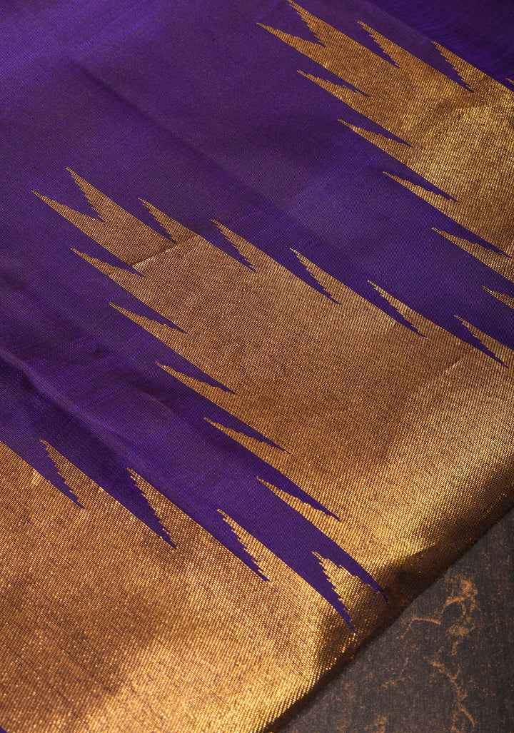 Dark Purple  tone  Kanjivaram Silk Saree with Antique gold Zari Temple border | SILK MARK CERTIFIED