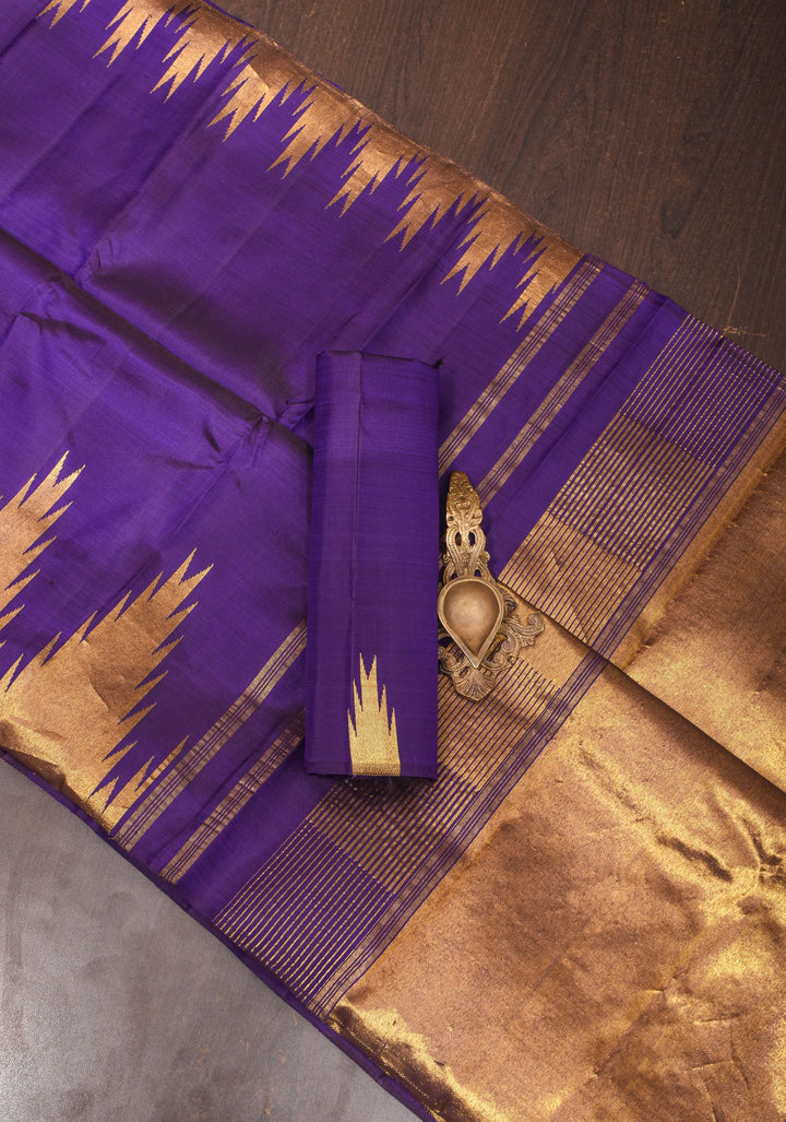 Dark Purple  tone  Kanjivaram Silk Saree with Antique gold Zari Temple border | SILK MARK CERTIFIED