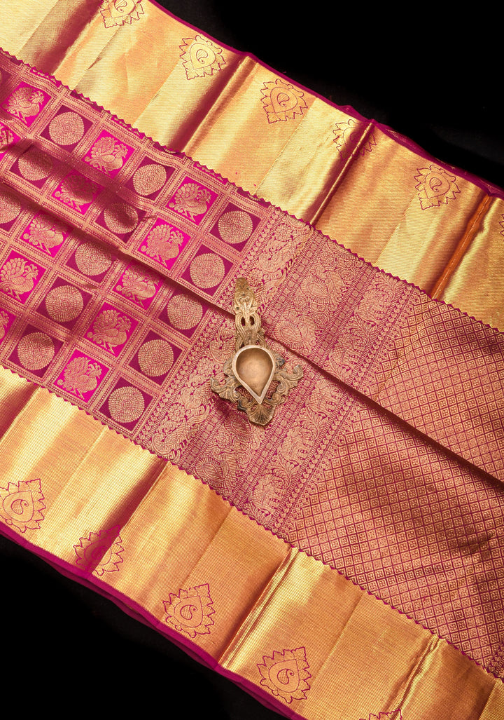 Pink Patola Design Brocade Kanjivaram Silk saree with Antique Gold Zari | SILK MARK CERTIFIED