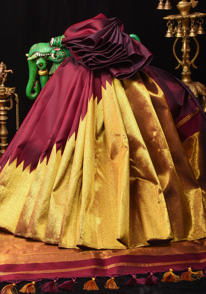Celebrity design Rising Border Kanjivaram Pure Silk Saree in Maroon, Zari Border | SILK MARK CERTIFIED