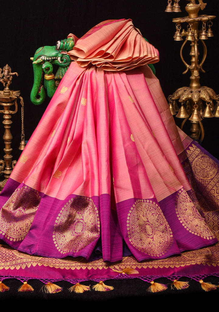 Pink dual Tone Borderless Kanjivaram Soft Silk Saree with annapakshi Motifs| CERTIFIED SILK