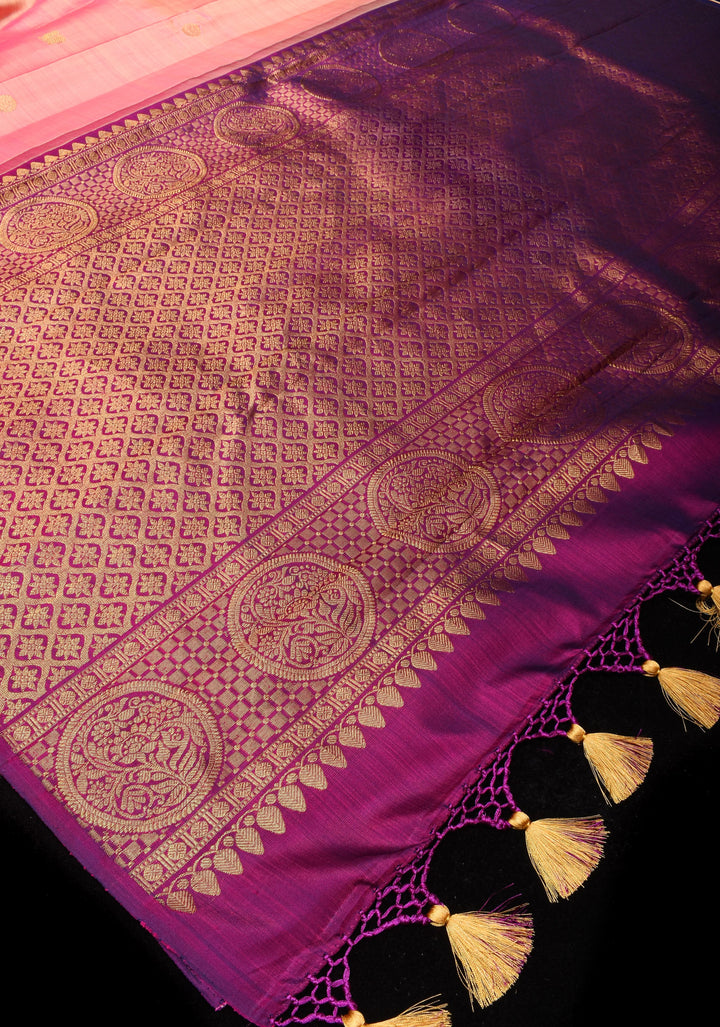 Pink dual Tone Borderless Kanjivaram Soft Silk Saree with annapakshi Motifs| CERTIFIED SILK