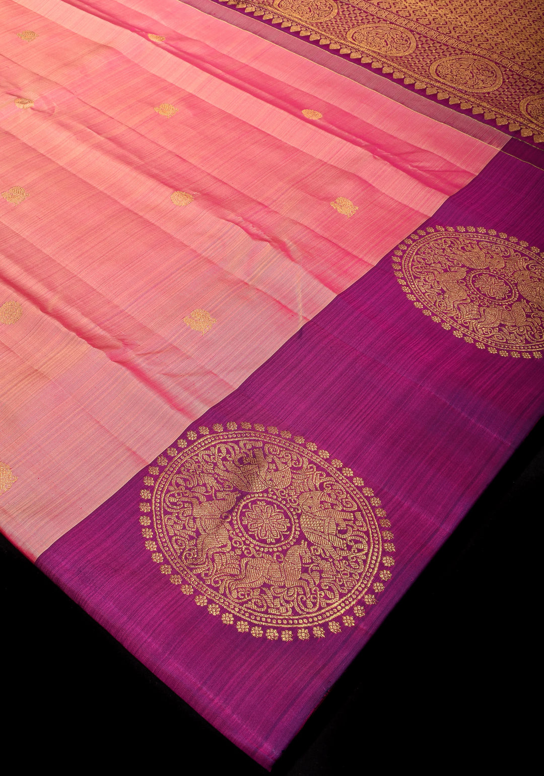 Pink dual Tone Borderless Kanjivaram Soft Silk Saree with annapakshi Motifs| CERTIFIED SILK