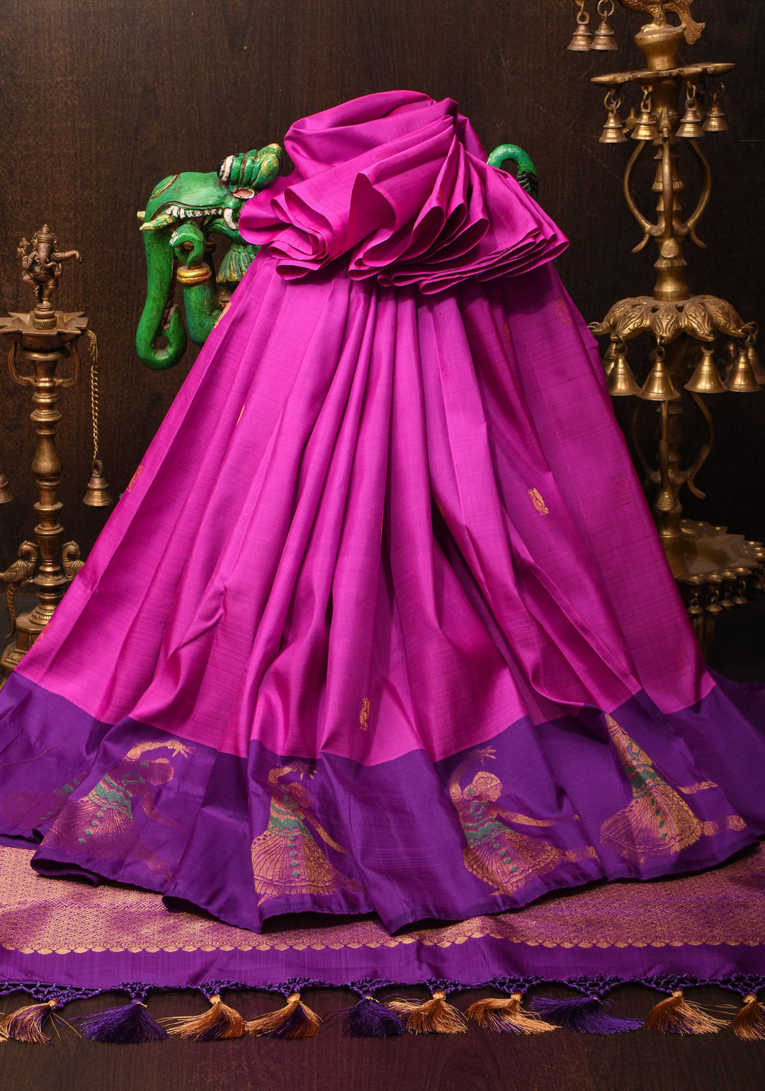 Purplish Pink Silk Kanjivaram Saree with Distinct Dancing Buttas in Border | SILK MARK CERTIFIED