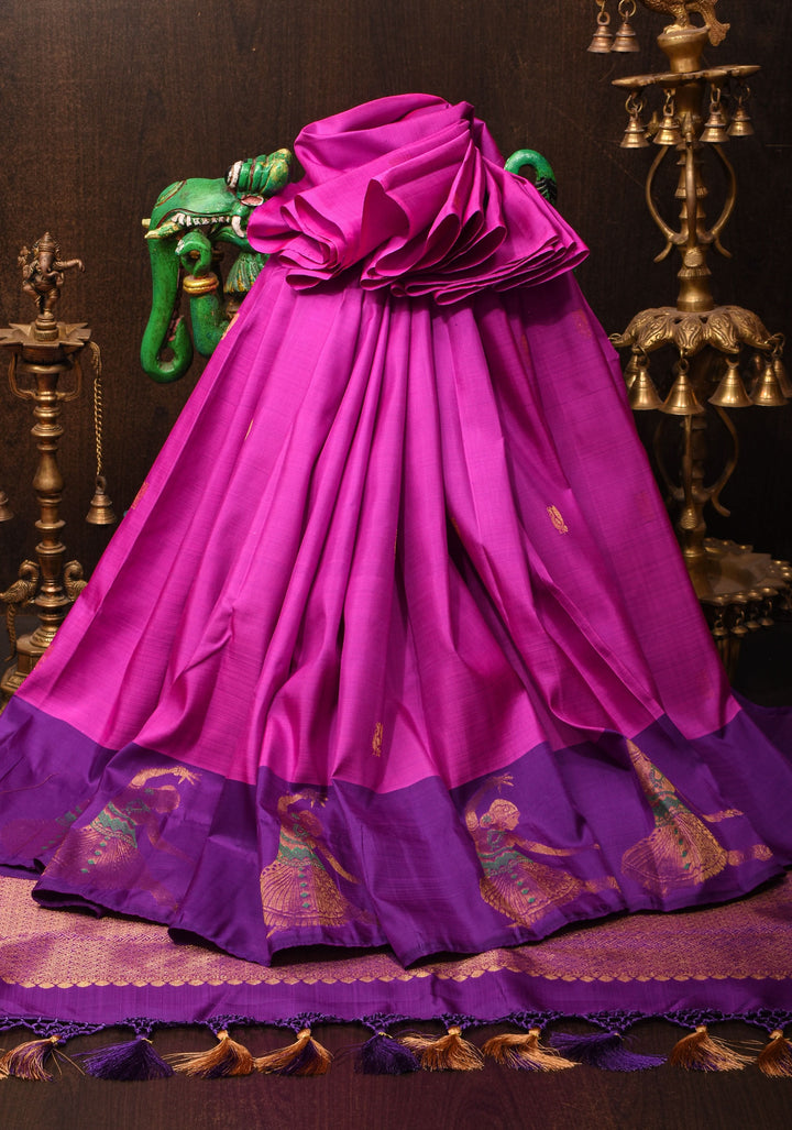 Purplish Pink Silk Kanjivaram Saree with Distinct Dancing Buttas in Border | SILK MARK CERTIFIED