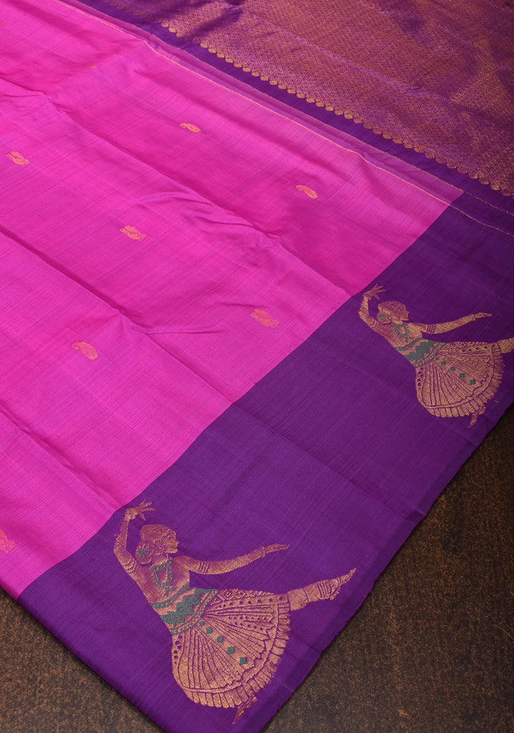 Purplish Pink Silk Kanjivaram Saree with Distinct Dancing Buttas in Border | SILK MARK CERTIFIED