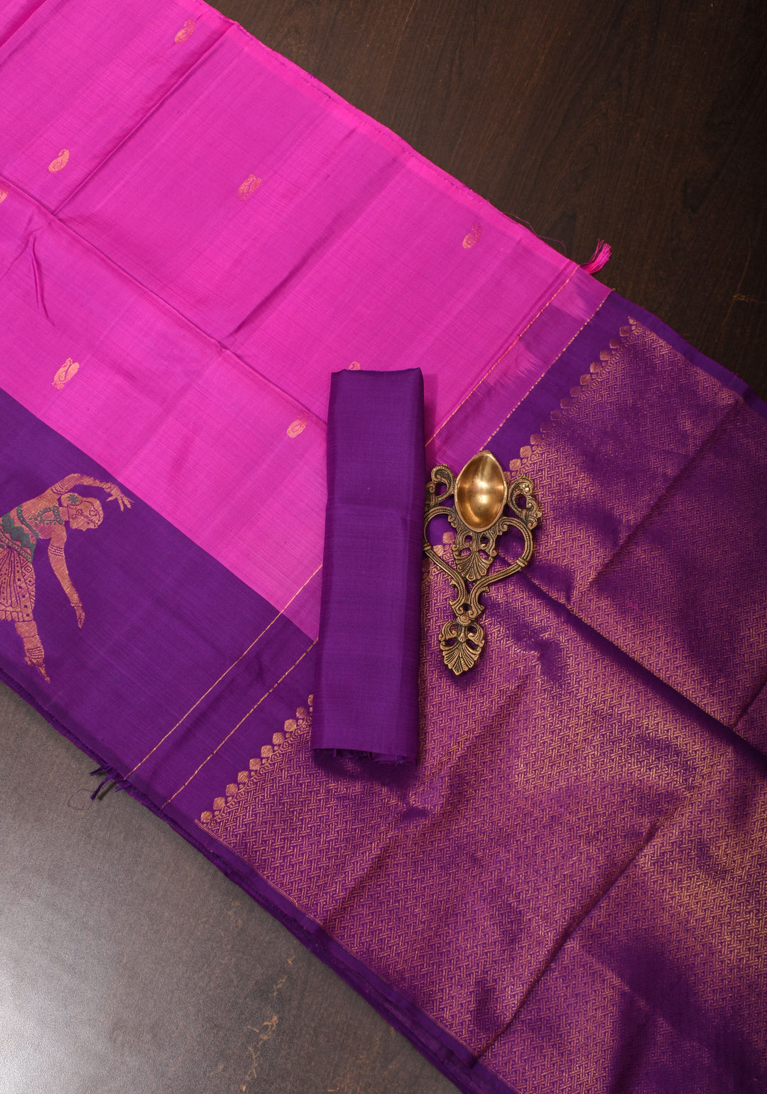Purplish Pink Silk Kanjivaram Saree with Distinct Dancing Buttas in Border | SILK MARK CERTIFIED