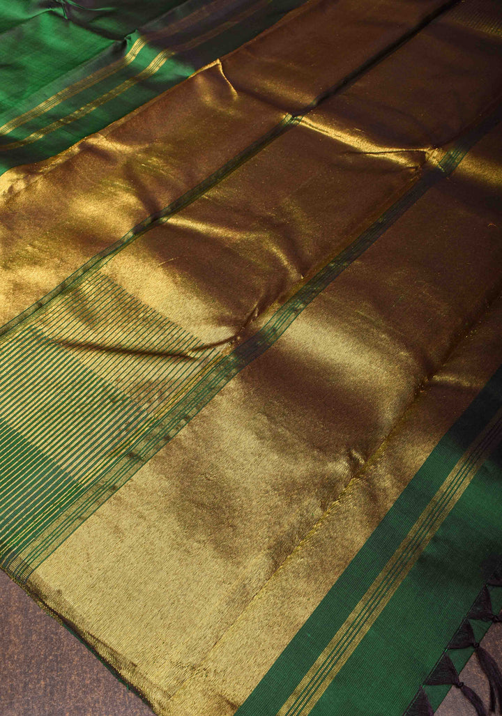 Green Dual Tone Pure Kanjivaram Silk Saree with Zari Temple Borders | SILK MARK CERTIFIED