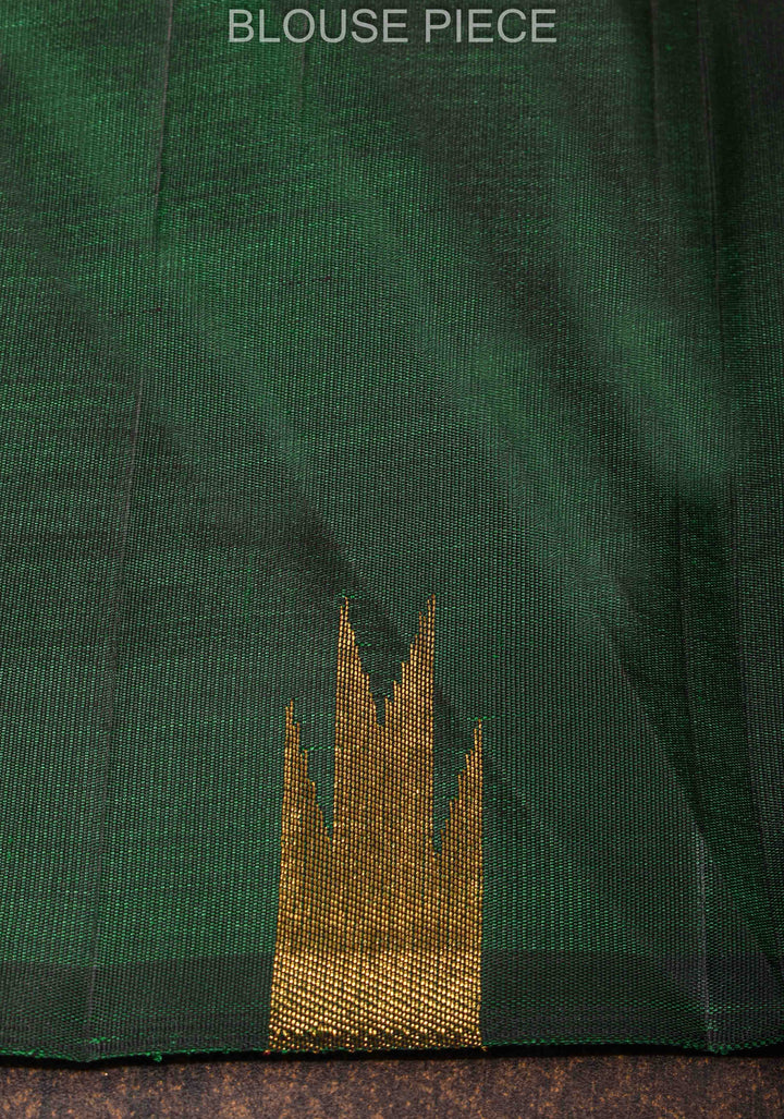 Green Dual Tone Pure Kanjivaram Silk Saree with Zari Temple Borders | SILK MARK CERTIFIED