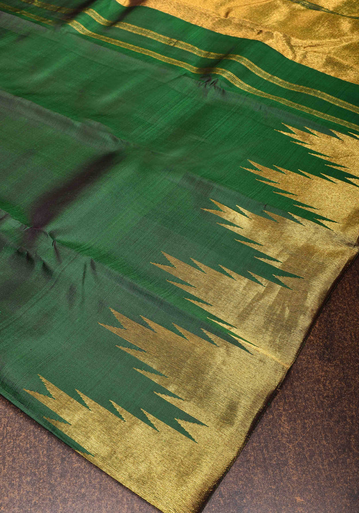 Green Dual Tone Pure Kanjivaram Silk Saree with Zari Temple Borders | SILK MARK CERTIFIED