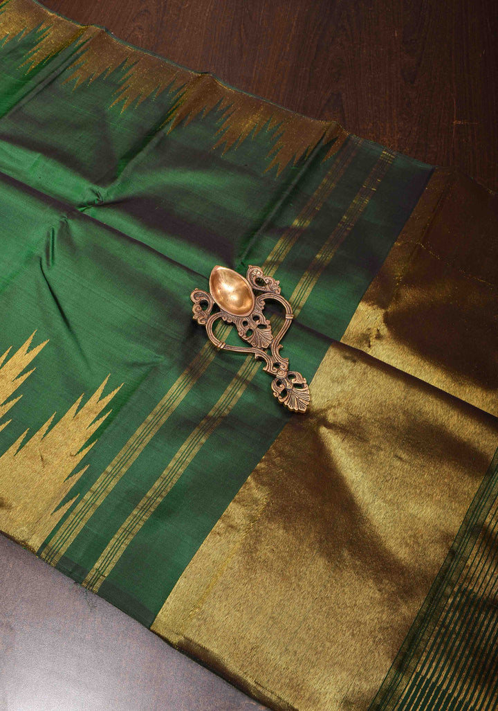 Green Dual Tone Pure Kanjivaram Silk Saree with Zari Temple Borders | SILK MARK CERTIFIED