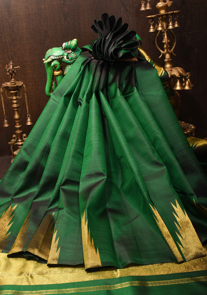 Green Dual Tone Pure Kanjivaram Silk Saree with Zari Temple Borders | SILK MARK CERTIFIED