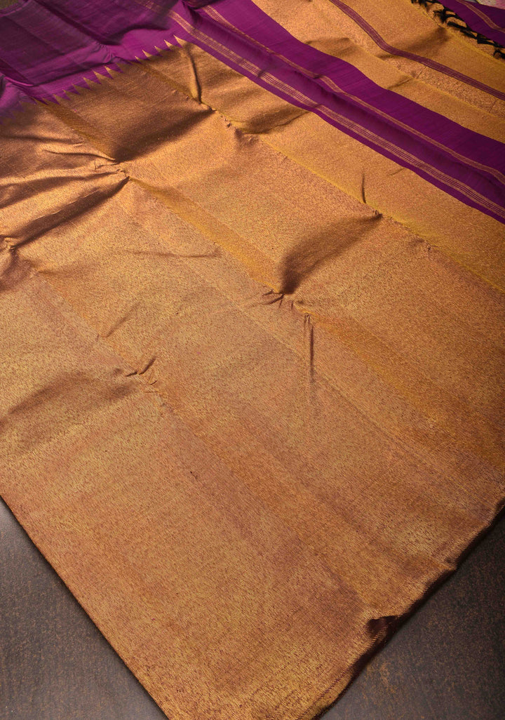 Grape Purple and Gold 2 side Rising temple border on Pure Kanjivaram Silk Saree | SILK MARK CERTIFIED
