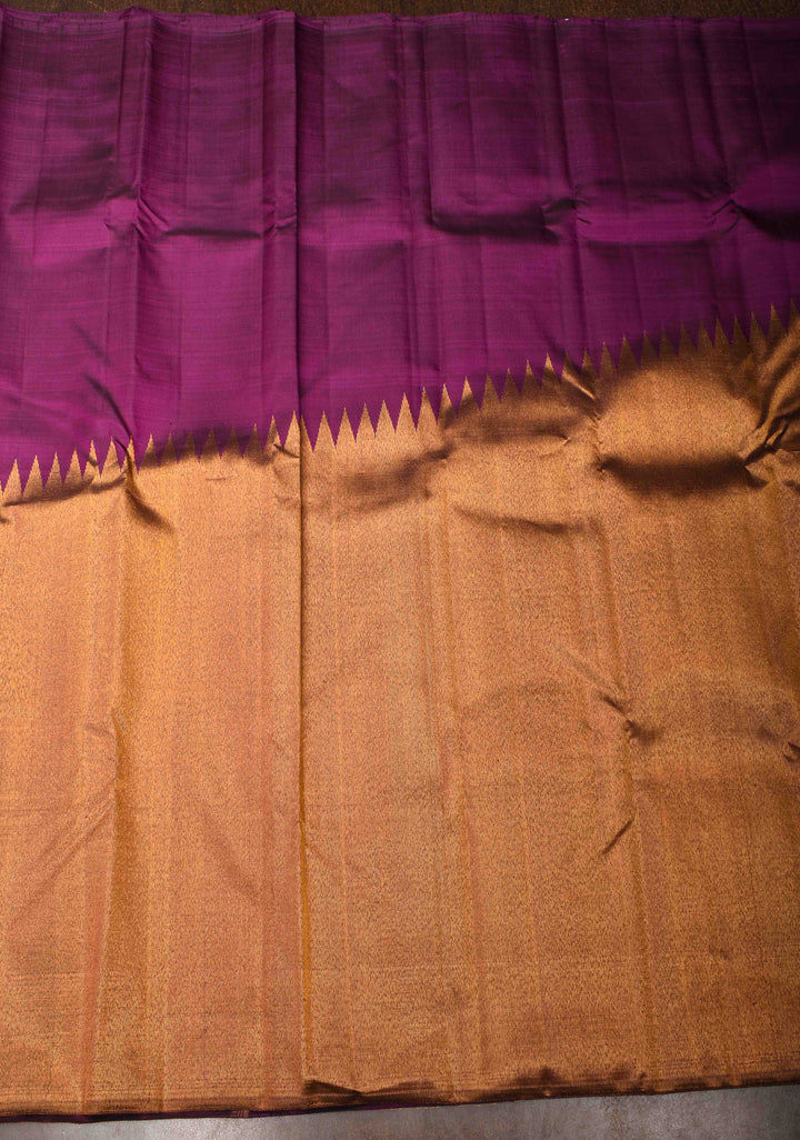 Grape Purple and Gold 2 side Rising temple border on Pure Kanjivaram Silk Saree | SILK MARK CERTIFIED