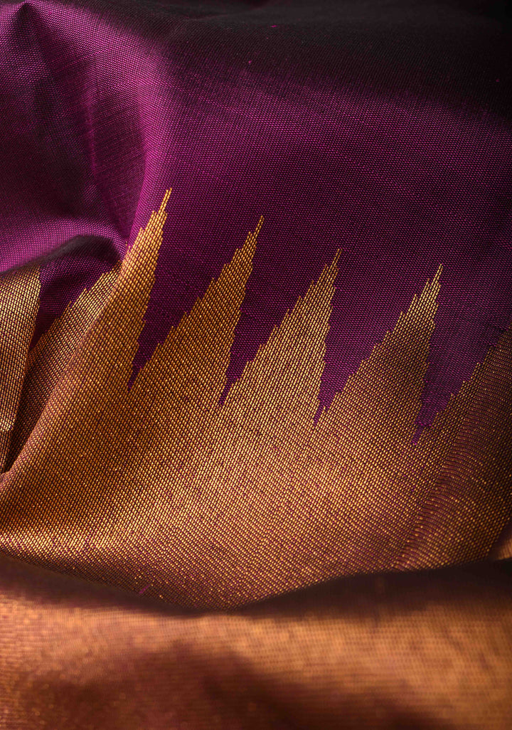 Grape Purple and Gold 2 side Rising temple border on Pure Kanjivaram Silk Saree | SILK MARK CERTIFIED