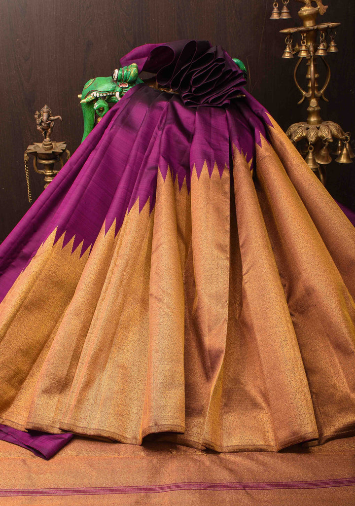 Grape Purple and Gold 2 side Rising temple border on Pure Kanjivaram Silk Saree | SILK MARK CERTIFIED
