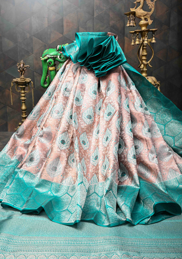 Old Rose Tissue Kanjivaram Silk Saree with Meenakari Brocade and Contrast Zari Border | SILK MARK CERTIFIED