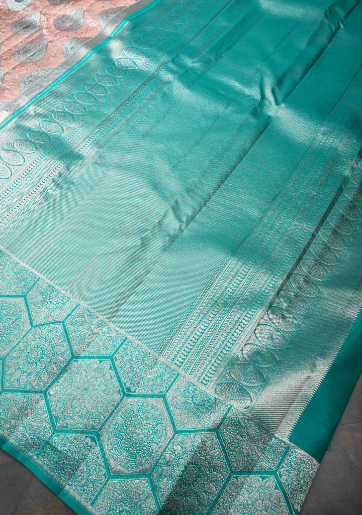 Old Rose Tissue Kanjivaram Silk Saree with Meenakari Brocade and Contrast Zari Border | SILK MARK CERTIFIED