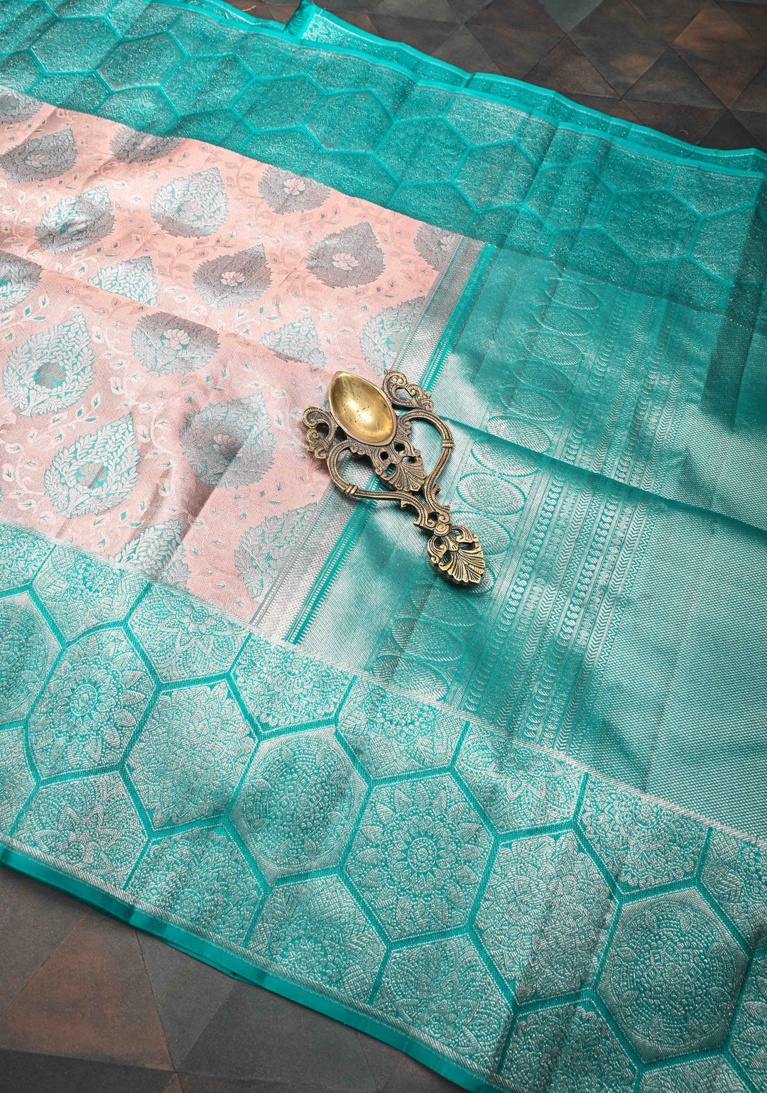 Old Rose Tissue Kanjivaram Silk Saree with Meenakari Brocade and Contrast Zari Border | SILK MARK CERTIFIED