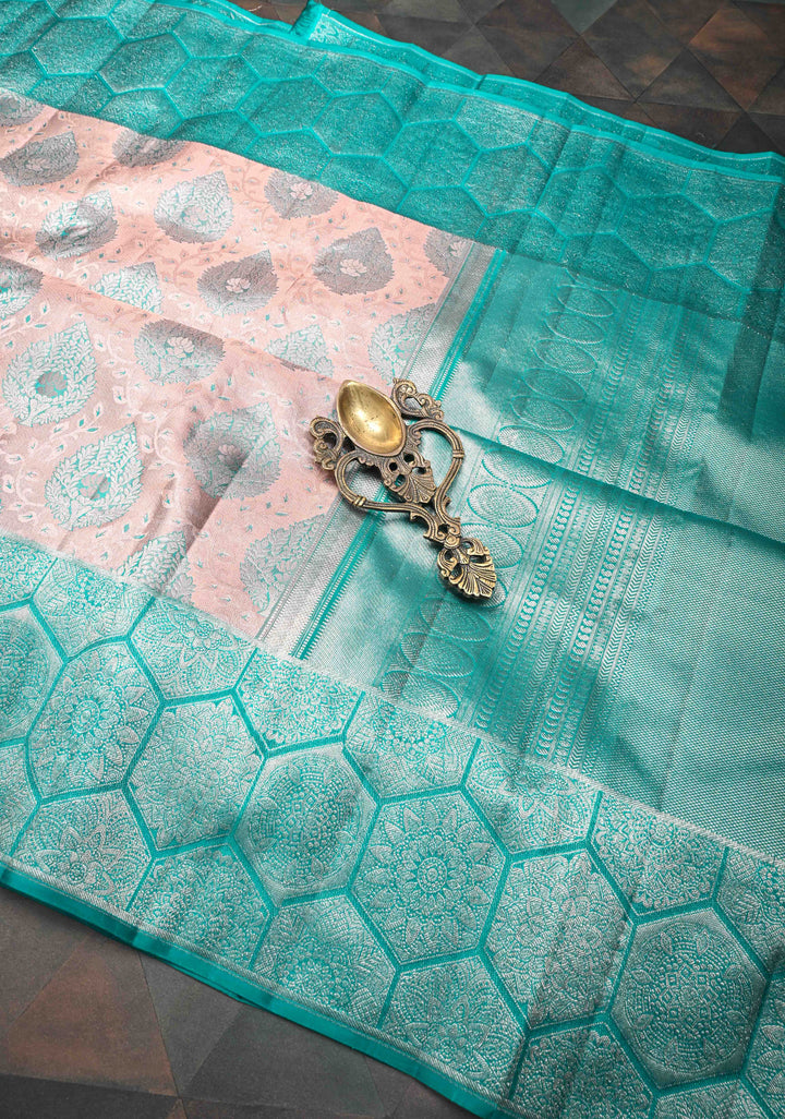 Old Rose Tissue Kanjivaram Silk Saree with Meenakari Brocade and Contrast Zari Border | SILK MARK CERTIFIED