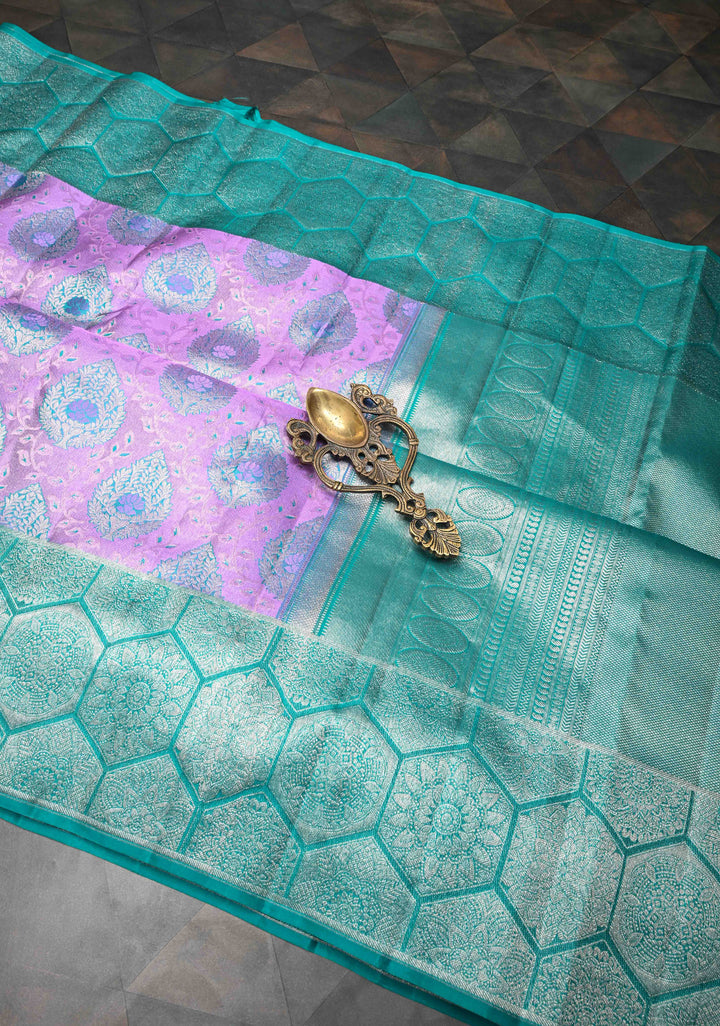 Lilac Tissue Kanjivaram Silk Saree with Meenakari Brocade and Contrast Zari Border | SILK MARK CERTIFIED