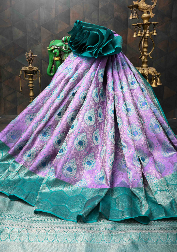 Lilac Tissue Kanjivaram Silk Saree with Meenakari Brocade and Contrast Zari Border | SILK MARK CERTIFIED
