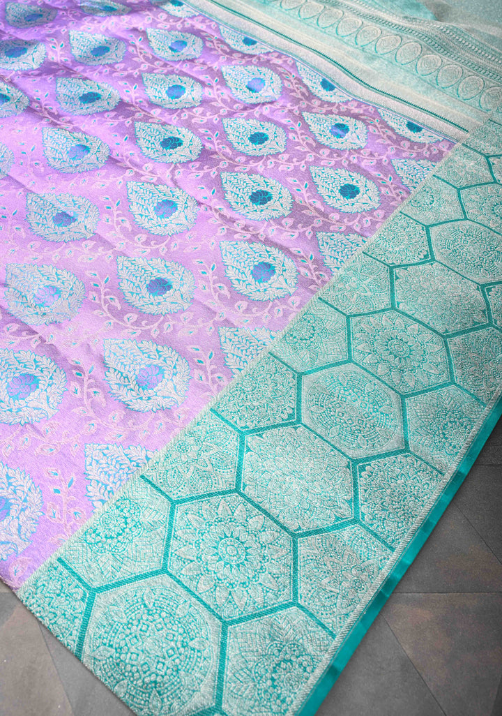 Lilac Tissue Kanjivaram Silk Saree with Meenakari Brocade and Contrast Zari Border | SILK MARK CERTIFIED