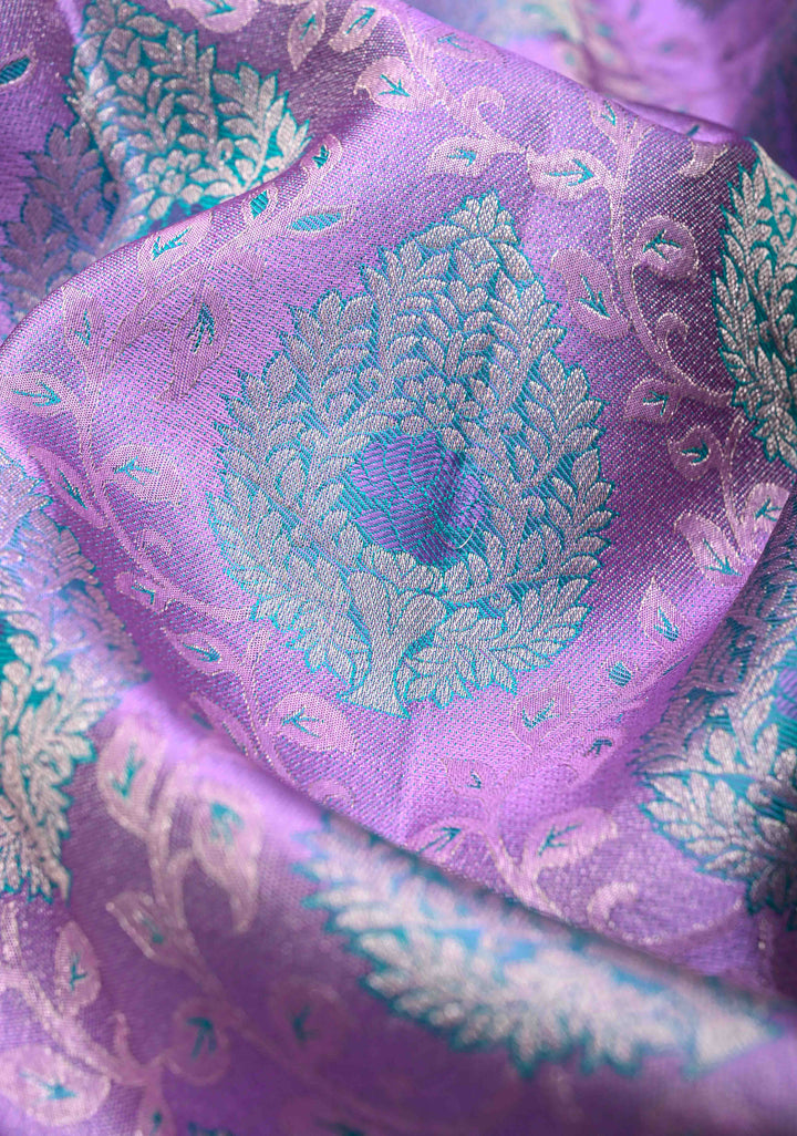 Lilac Tissue Kanjivaram Silk Saree with Meenakari Brocade and Contrast Zari Border | SILK MARK CERTIFIED