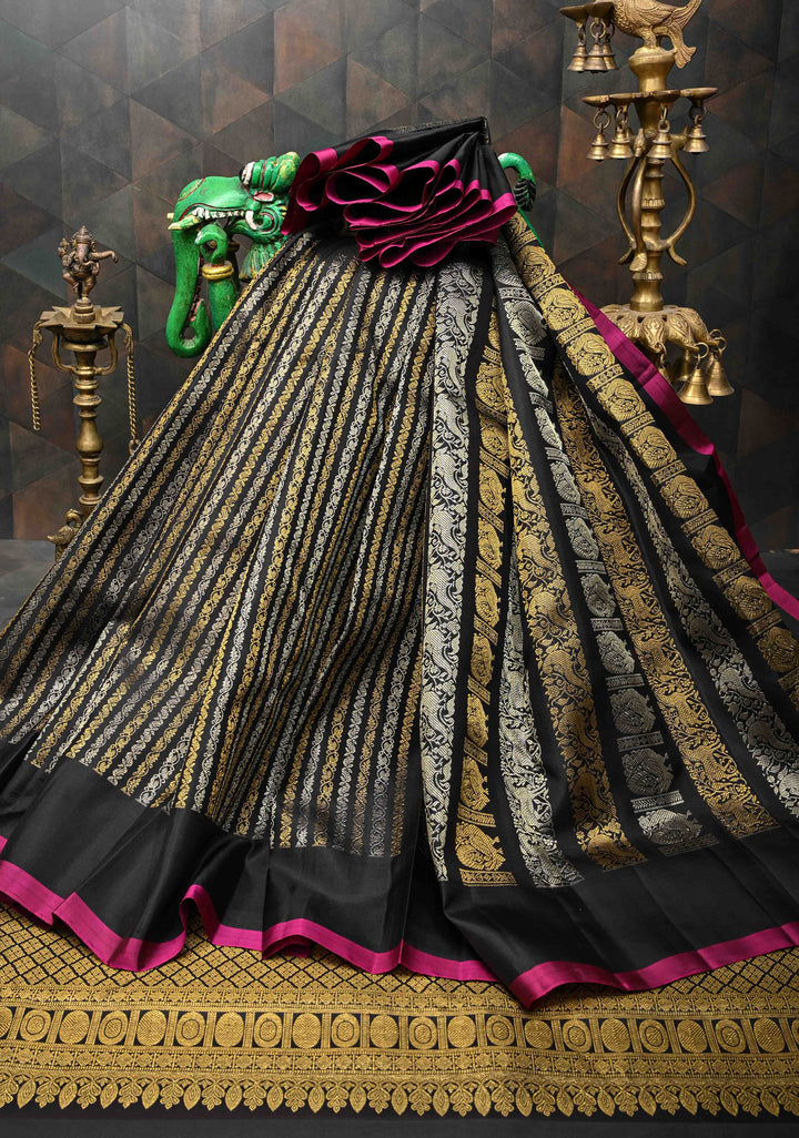 Celebrity design Half and Half Vanasingaram stripes Kanjivaram Black Silk Saree  | SILK MARK CERTIFIED