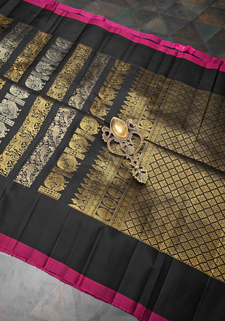 Celebrity design Half and Half Vanasingaram stripes Kanjivaram Black Silk Saree  | SILK MARK CERTIFIED